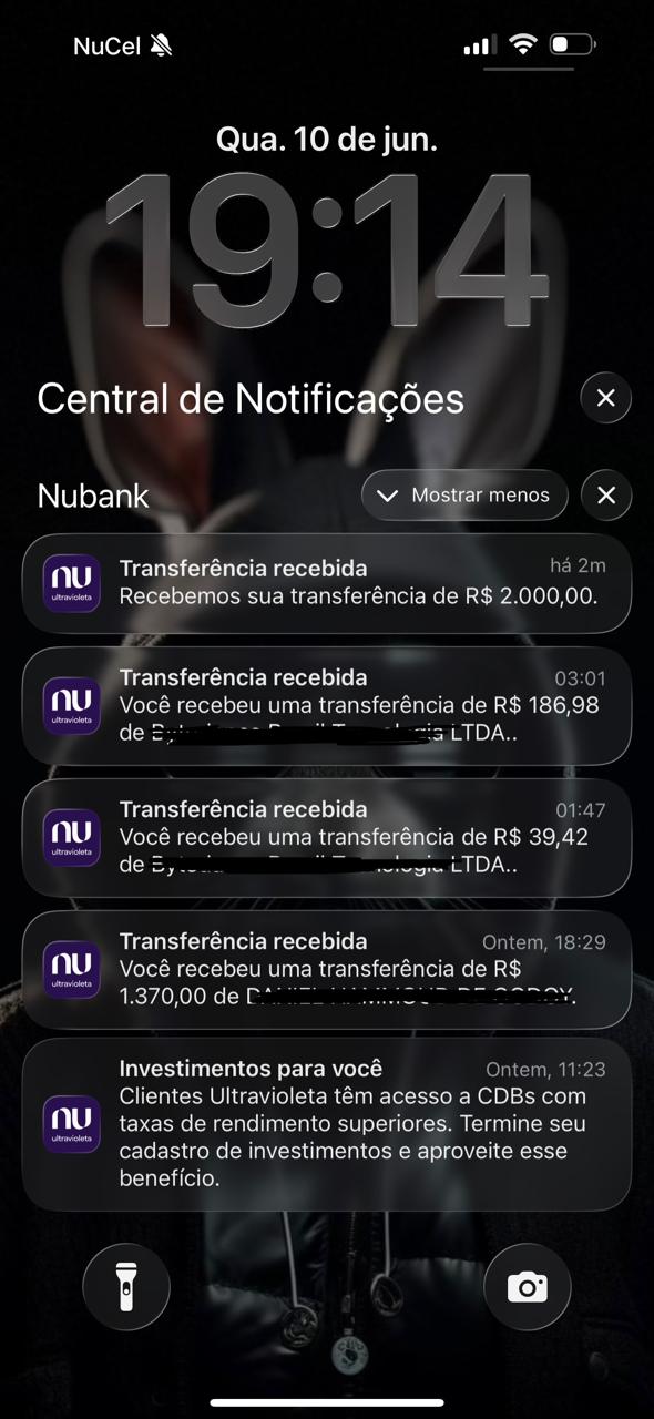 Registro de bastidores: notificações de vendas recebidas